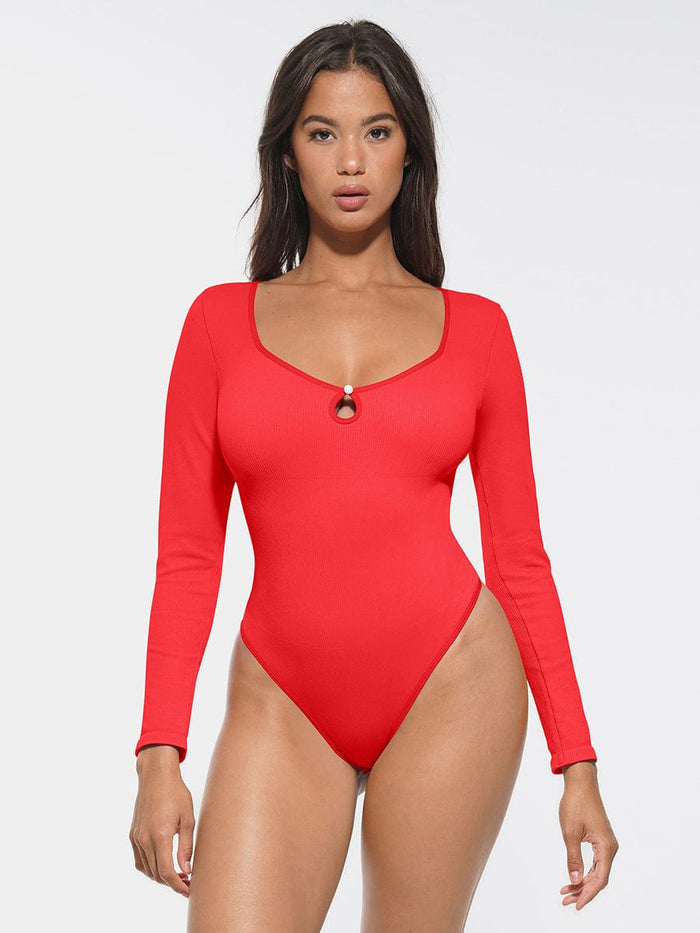 Wholesale Seamless Ribbed Sexy Hollow Scoop Neck Waist Tummy Control Thong Bodysuit