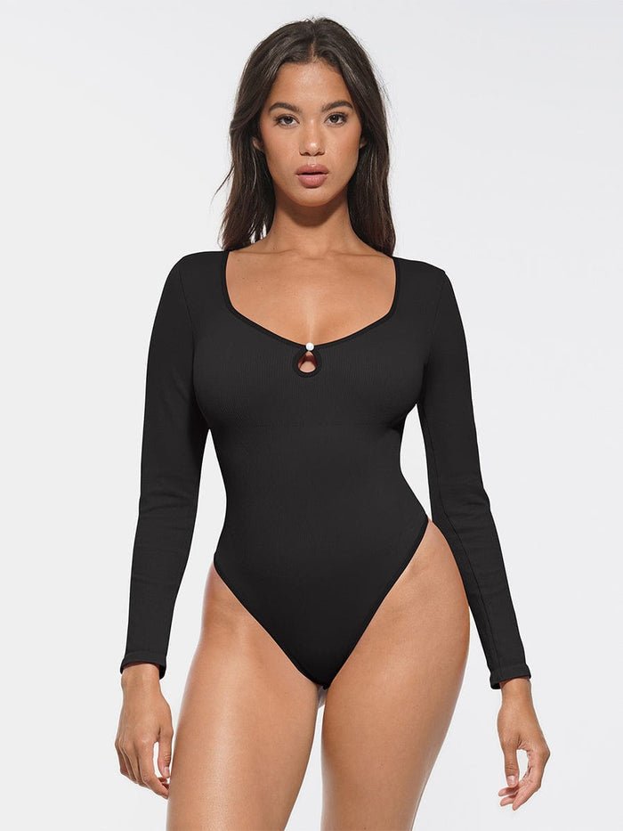 Wholesale Seamless Ribbed Sexy Hollow Scoop Neck Waist Tummy Control Thong Bodysuit