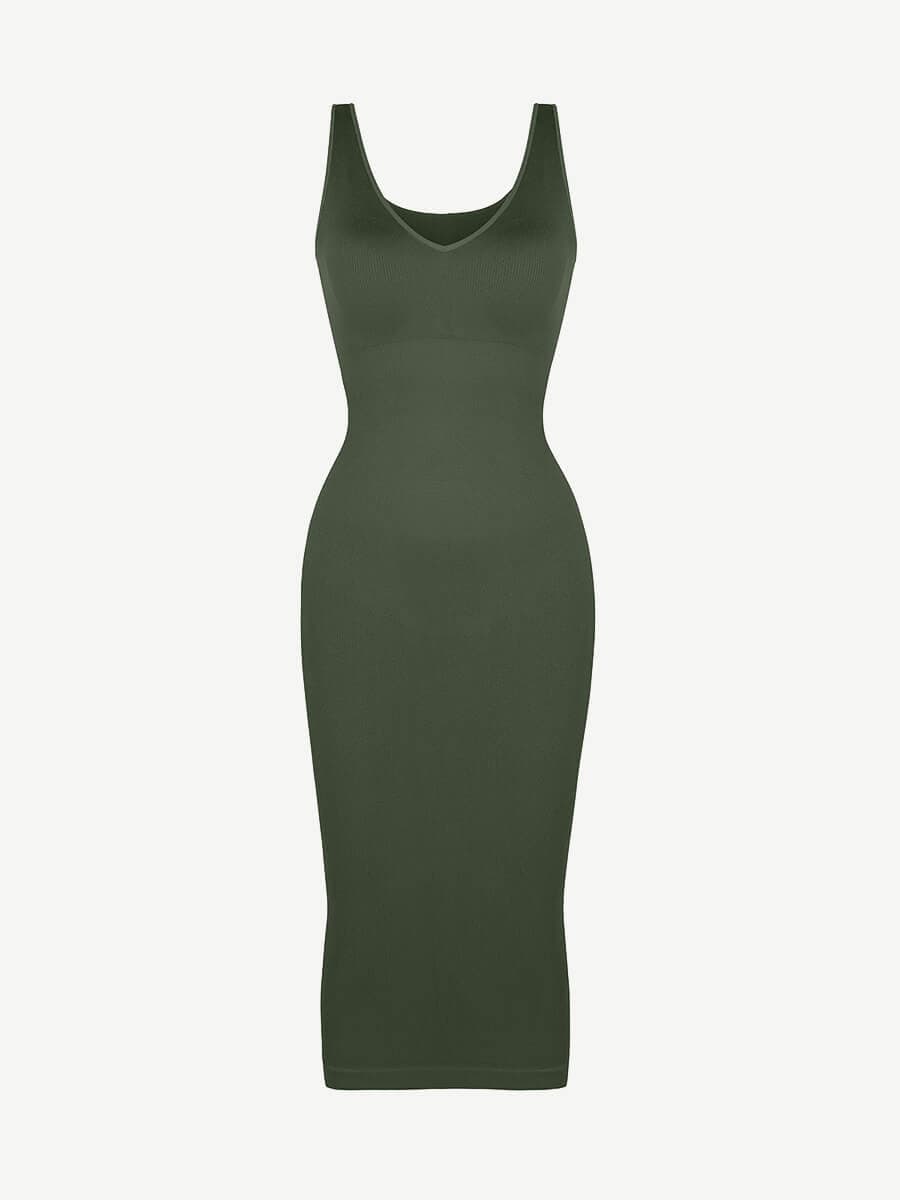 Seamless Deep V-neck Waist Trimming Shaping Dress with Removable Pads