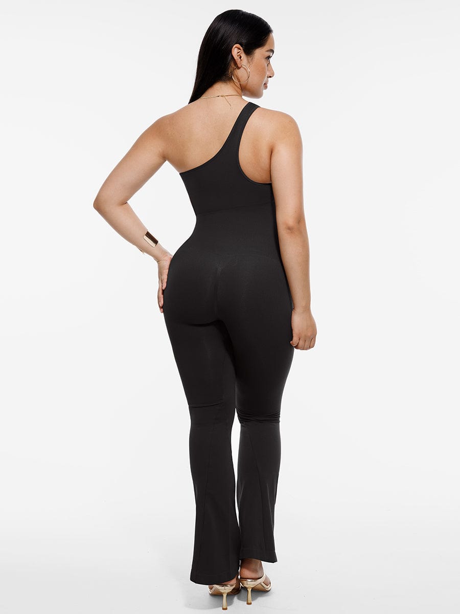 Seamless Sloped Shoulders Shaping Jumpsuit with Flared Legs