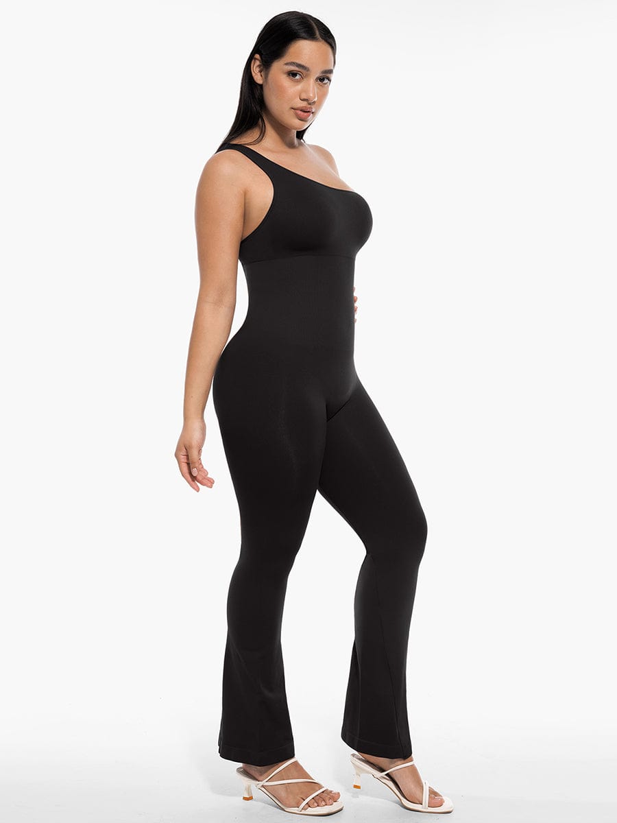 Seamless Sloped Shoulders Shaping Bodysuit Dress with Flared Legs