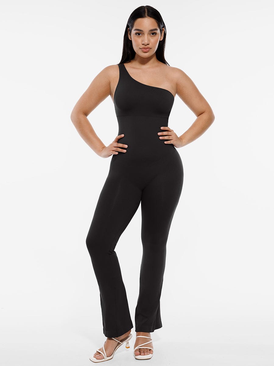 Seamless Sloped Shoulders Shaping Bodysuit Dress with Flared Legs