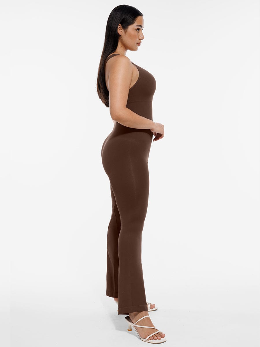 Seamless Sloped Shoulders Shaping Jumpsuit with Flared Legs