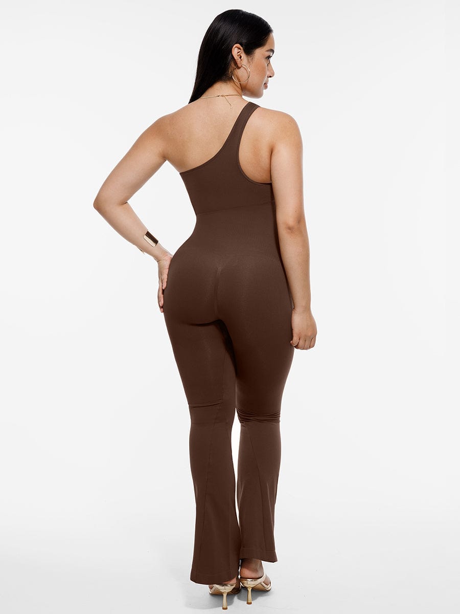 Seamless Sloped Shoulders Shaping Jumpsuit with Flared Legs