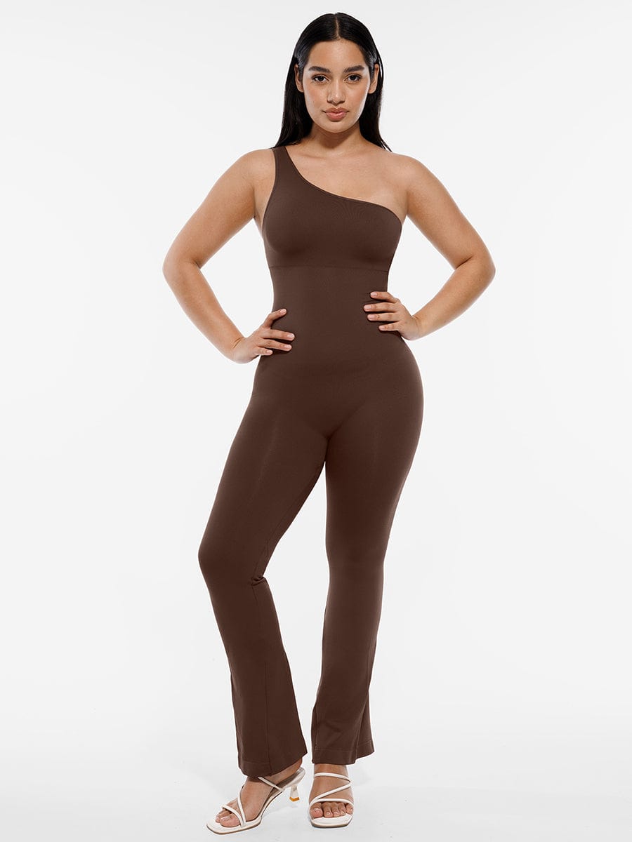 Seamless Sloped Shoulders Shaping Bodysuit Dress with Flared Legs