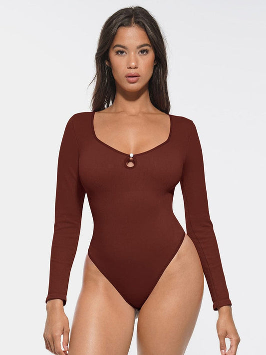 Wholesale Seamless Ribbed Sexy Hollow Scoop Neck Waist Tummy Control Thong Bodysuit