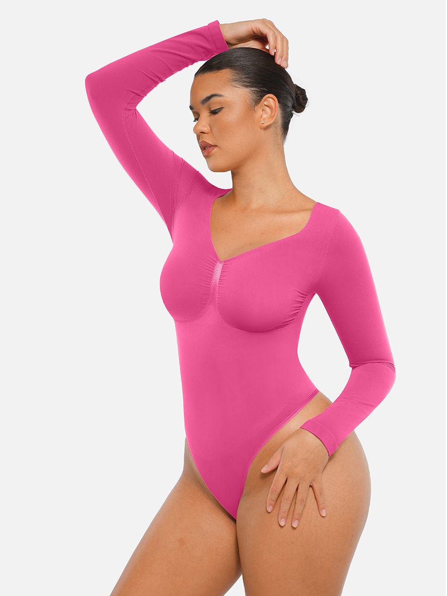 Seamless Long Sleeve Chest Support Tummy Control Thong Bodysuit
