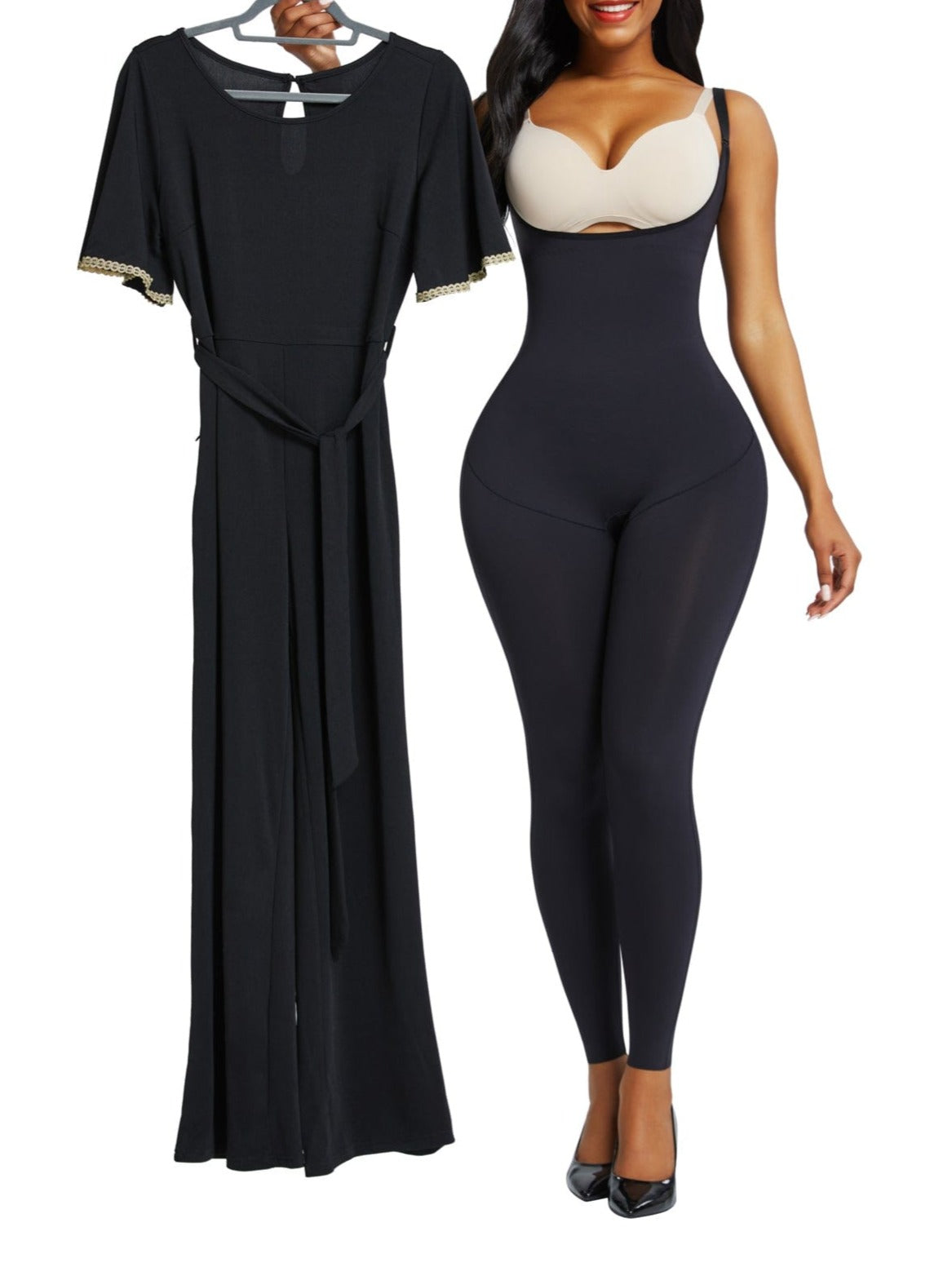 Black Full Body Shaper Open Bust Adjustable Straps Hourglass Figure