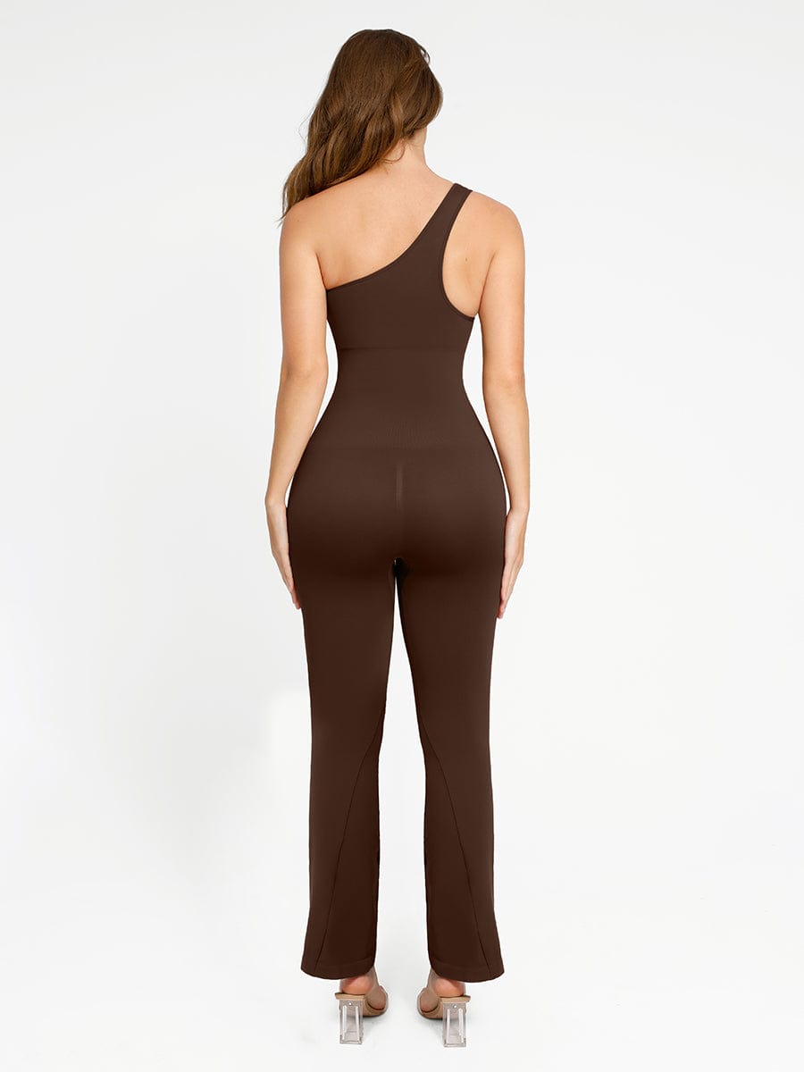 Seamless Sloped Shoulders Shaping Bodysuit Dress with Flared Legs