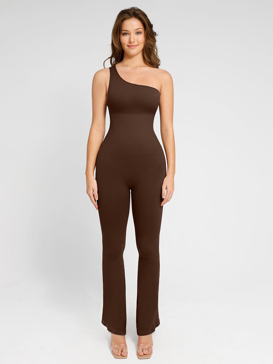Seamless Sloped Shoulders Shaping Bodysuit Dress with Flared Legs