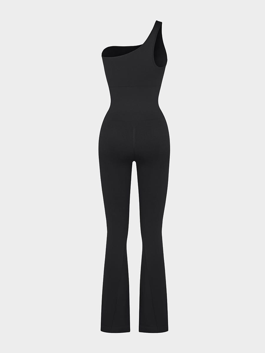 Seamless Sloped Shoulders Shaping Bodysuit Dress with Flared Legs
