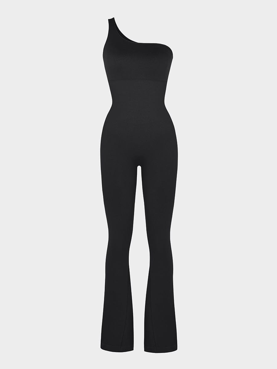 Seamless Sloped Shoulders Shaping Bodysuit Dress with Flared Legs
