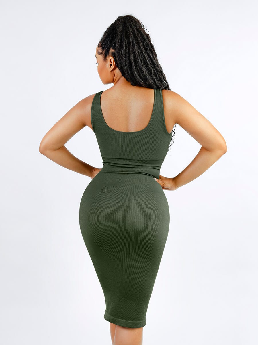 Eco-friendly Seamless Deep V-neck Waist Trimming Shaping Dress with Removable Pads