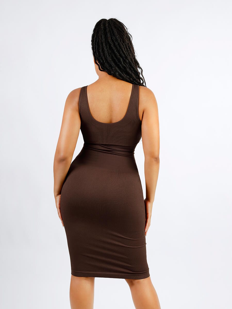 Eco-friendly Seamless Deep V-neck Waist Trimming Shaping Dress with Removable Pads