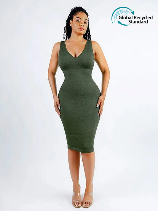 Eco-friendly Seamless Deep V-neck Waist Trimming Shaping Dress with Removable Pads
